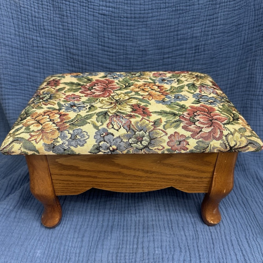 Vintage Wooden Tapestry Footstool Floral Upholstered Cushion Storage Bin Cottage
